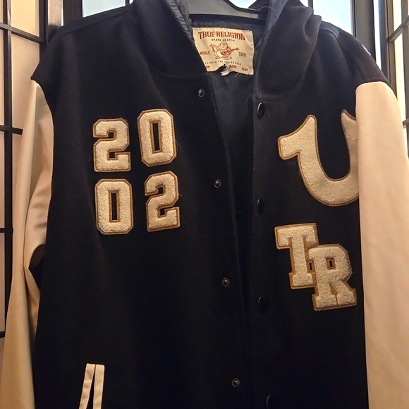 True Religion Men's Black & White Hooded Varsity Jacket XL - Picture 7 of 8